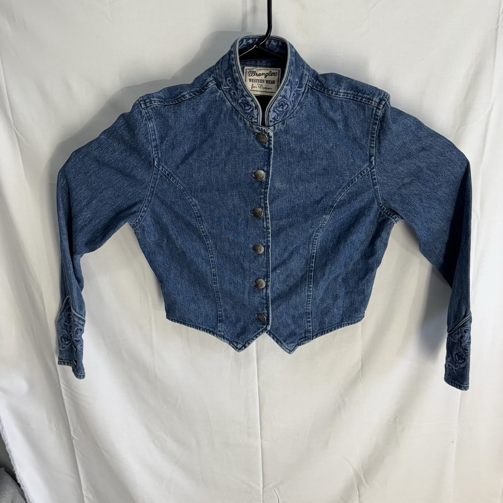 80s/90s Vintage Denim Wrangler  Cropped Blazer Jacket Floral Embroidered Western